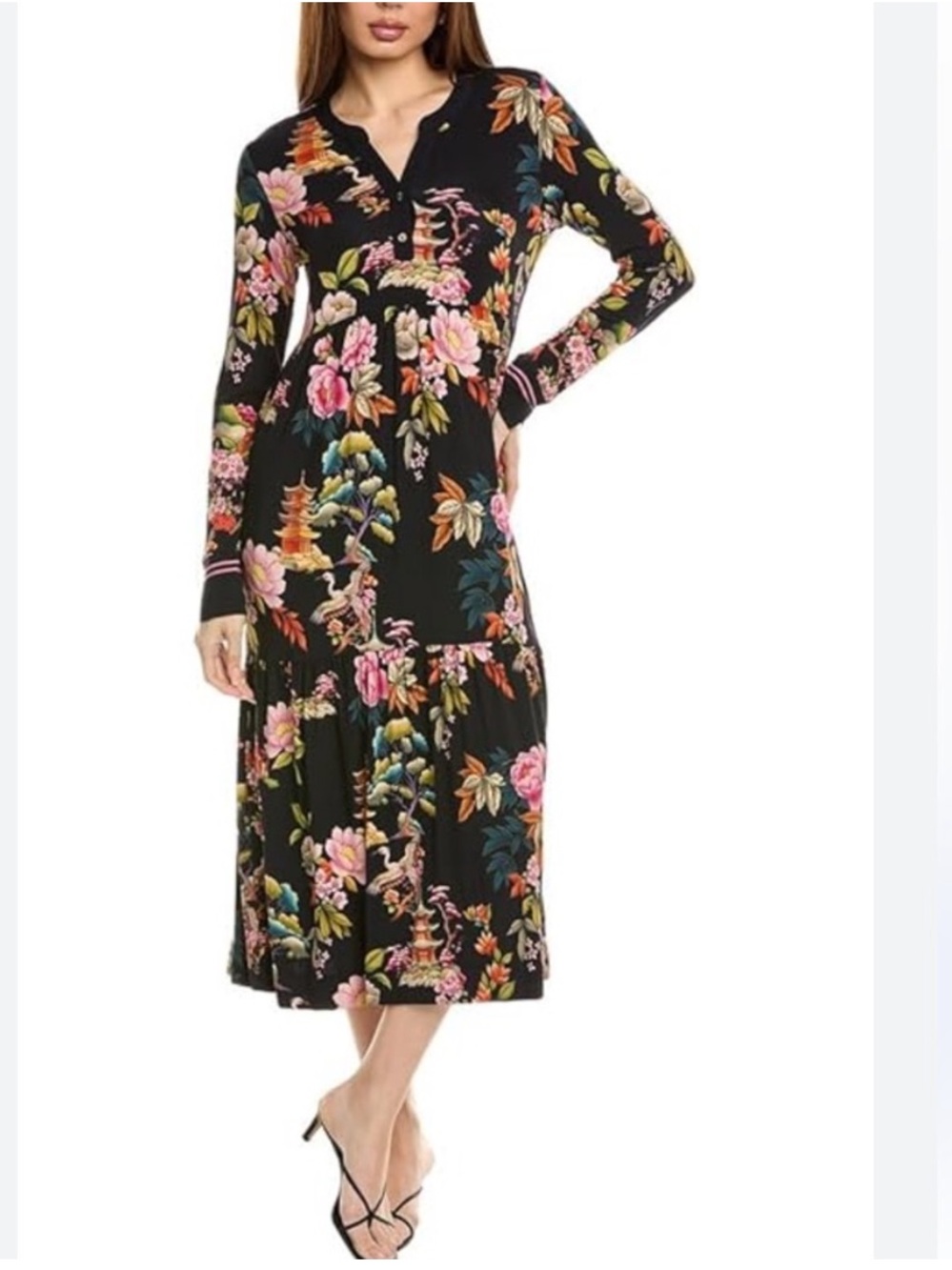 NWT JOHNNY WAS
Janie Floral Print Bamboo Knit Split V-Neck Long Sleeve Dress - Picture 3 of 8
